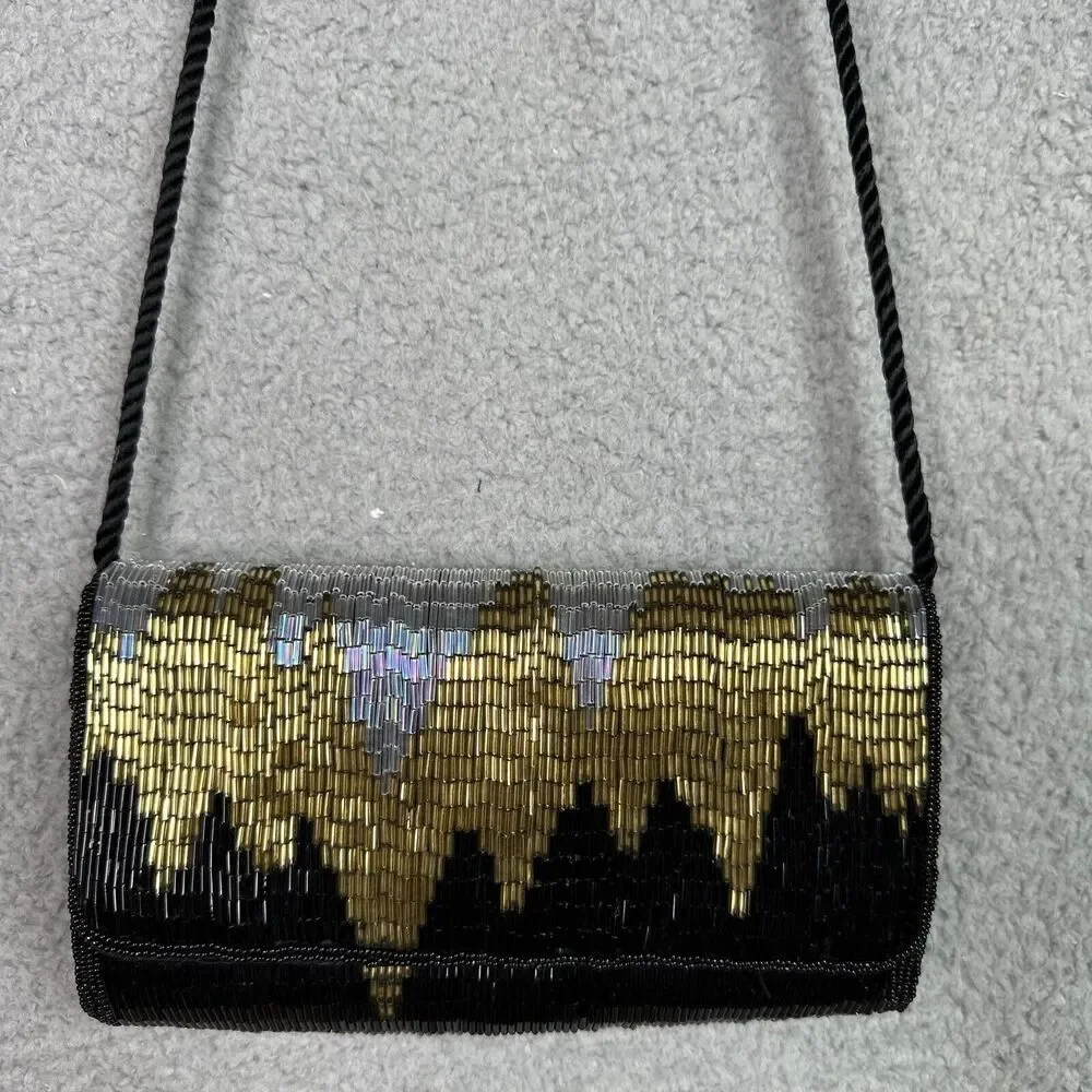 DLS International Purse Clutch Shoulder Strap Beaded Sequins Black Gold Silver‎